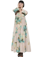 YVONNE S - LANGES KLEID AUS BIOBAUMWOLLE MIT KORDELZUG - BEIGE/BLAU