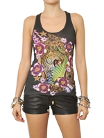PHILIPP PLEIN - CRYSTALS PRINTED COTTON JERSEY TANK TOP - BLACK