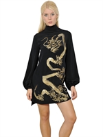 EMILIO PUCCI - SEIDEN-CADY-KLEID MIT HANDGEMALTEM DRACHEN - SCHWARZ/GOLD