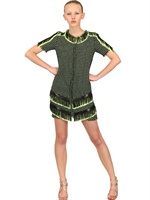 MSGM - BAUMWOLL TWEED KLEID MIT FRANSEN - SCHWARZ/GELB