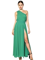 MSGM - ONE SHOULDER TECHNO GEORGETTE LONG DRESS - GREEN