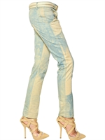 VERSACE - 18CM TIE DYED STRETCH COTTON DENIM JEANS - LIGHT BLUE