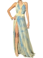 VERSACE - LEATHER & TIE DYED GEORGETTE LONG DRESS - LIGHT BLUE