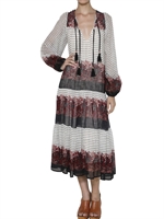MES DEMOISELLES - FLOWERS PRINT STRIPED COTTON LONG DRESS - BLACK
