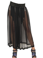 DAMIR DOMA - LEATHER TRIM ON SILK CHIFFON TROUSERS - BLACK