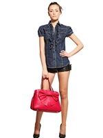 RED VALENTINO - SHORT SLEEVED RUFFLED DENIM SHIRT - BLUE