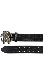 ROBERTO CAVALLI - 40MM CROC LASER CUT PONYSKIN BELT - BLACK