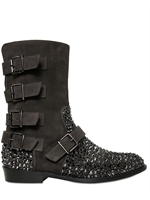 GIUSEPPE ZANOTTI HOMME - CRYSTALS & SUEDE MULTI STRAP BIKER BOOTS - GREY