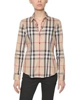 BURBERRY BRIT - CHECKED STRETCH COTTON POPLIN SHIRT - BEIGE