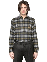 DSQUARED - CHECKED WOOL STRETCH FLANNEL SHIRT - GREEN/BLUE