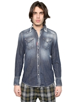 DSQUARED - DISTRESSED STRETCH DENIM WESTERN SHIRT - BLUE