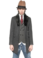 DSQUARED - SCHWERER WOLLMANTEL MIT NERZKRAGEN - DUNKELGRAU
