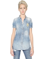 DSQUARED - COTTON DENIM SHORT SLEEVE SHIRT - BLUE