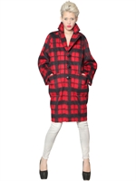 DSQUARED - CHECKED WOOL ALPACA COCOON COAT - BLACK/RED