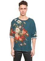 DOLCE & GABBANA - FLORAL SILK AND WOOL JERSEY T-SHIRT - PETROL BLUE