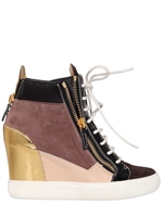 GIUSEPPE ZANOTTI - 90MM SUEDE HIGH TOP WEDGE SNEAKERS - MULTIBEIGE