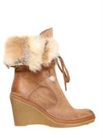 MANAS - 80MM SUEDE & RABBIT FUR WEDGE BOOTS - NATURAL