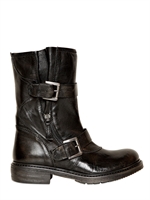 MANAS - BELTED CALFSKIN BIKER BOOTS - BLACK