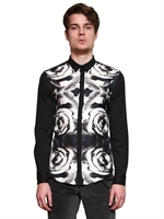 JOHN RICHMOND - PRINTED SILK FRONT & POPLIN SHIRT - BLACK/WHITE