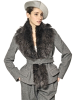 GIORGIO ARMANI - SHEARLING COLLAR HERRINGBONE WOOL JACKET - GREY