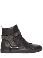 D-S!DE - STUDDED STRAP HIGH TOP LEATHER SNEAKERS - BLACK