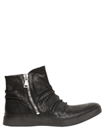 JOHN VARVATOS - SNAKE EMBOSSED GATHERED LEATHER SNEAKERS - BLACK