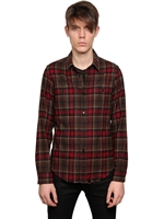 SAINT LAURENT - CHECKED WOOL FLANNEL SHIRT - BROWN/RED