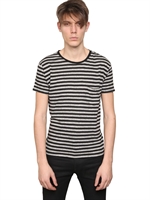 SAINT LAURENT - WIDE STRIPED COTTON WOOL JERSEY T-SHIRT - BLACK/GREY