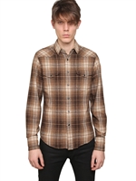 SAINT LAURENT - CHECK WOOL FLANNEL WESTERN SHIRT - BROWN/WHITE
