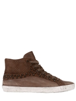 CRIME - STUDDED CALFSKIN HIGH TOP SNEAKERS - BROWN