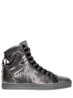 HOGAN REBEL - 50MM HIGH TOP WEDGED SEQUINS SNEAKERS - PEWTER