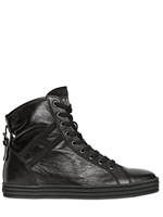 HOGAN REBEL - 50MM HIGH TOP CALFSKIN WEDGED SNEAKERS - BLACK