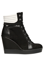HOGAN REBEL - 100MM SUEDE CALF BICOLOR WEDGED SNEAKER - BLACK