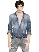PIERRE BALMAIN - DESTROYED STAINED COTTON DENIM SHIRT - DENIM BLUE