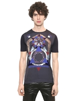 DIESEL BLACK GOLD - COTTON JERSEY AND PRINTED SILK T-SHIRT - BLUE