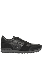 VALENTINO - STUDDED LEATHER & SUEDE SNEAKERS - BLACK