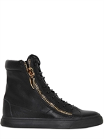 GIUSEPPE ZANOTTI HOMME - GRAINED LEATHER DOUBLE ZIP SNEAKERS - BLACK