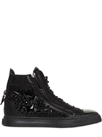 GIUSEPPE ZANOTTI HOMME - CRYSTAL & GRAINED LEATHER SNEAKERS - BLACK