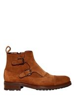 A.TESTONI - SUEDE MONK STRAP LOW BOOTS - CARAMEL