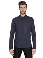 JEAN-PAUL GAULTIER - PINSTRIPED COTTON POPLIN SHIRT W/ CHAIN - NAVY