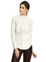 RALPH LAUREN BLUE LABEL - LACE RUFFLE STRETCH COTTON POPLIN SHIRT - WHITE