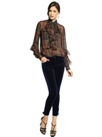 RALPH LAUREN BLUE LABEL - RUFFLED SILK GEORGETTE PLAID SHIRT - BURGUNDY/GREEN