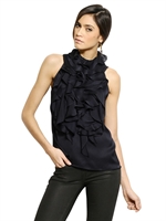 RALPH LAUREN BLUE LABEL - RUFFLED SILK MUSLIN SHIRT - NAVY