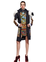 JUST CAVALLI - RACCOON FUR HOOD SATIN WOOL FELT COAT - MULTI