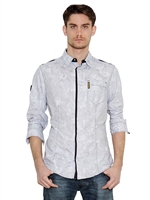 ARMANI JEANS - CAMOUFLAGE PRINT & STRIPED POPLIN SHIRT - LIGHT GREY