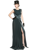 JOHN GALLIANO - LANGES KLEID AUS PLISSIERTEM CHIFFON & KREPP - PETROLBLAU