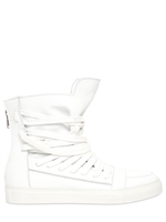 KRIS VAN ASSCHE - WIDE LACED CALFSKIN HIGH TOP SNEAKERS - WHITE