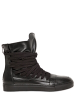 KRIS VAN ASSCHE - WIDE LACED CALFSKIN HIGH TOP SNEAKERS - BLACK