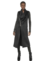 RICK OWENS - LEATHER SLEEVES ON FAUX FUR COAT - BLACK