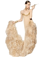 DSQUARED - KLEID AUS SEIDENGEORGETTE MIT FEDERN & SWAROVSKIS - HAUTFARBEN